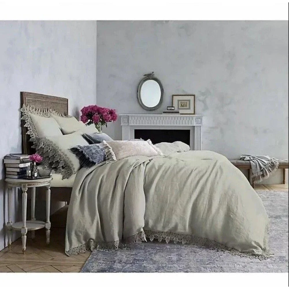 Wamsutta Vintage Evelyn Lace Trim King Duvet Cover Linen Cotton Gray